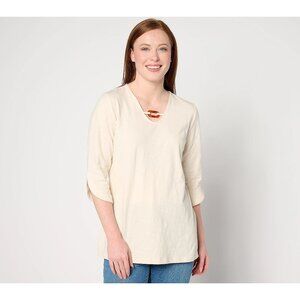 Denim and Co Texture Knit 3/4 Sleeve Tunic Tortoise Detail XXS Vanilla Cream NEW